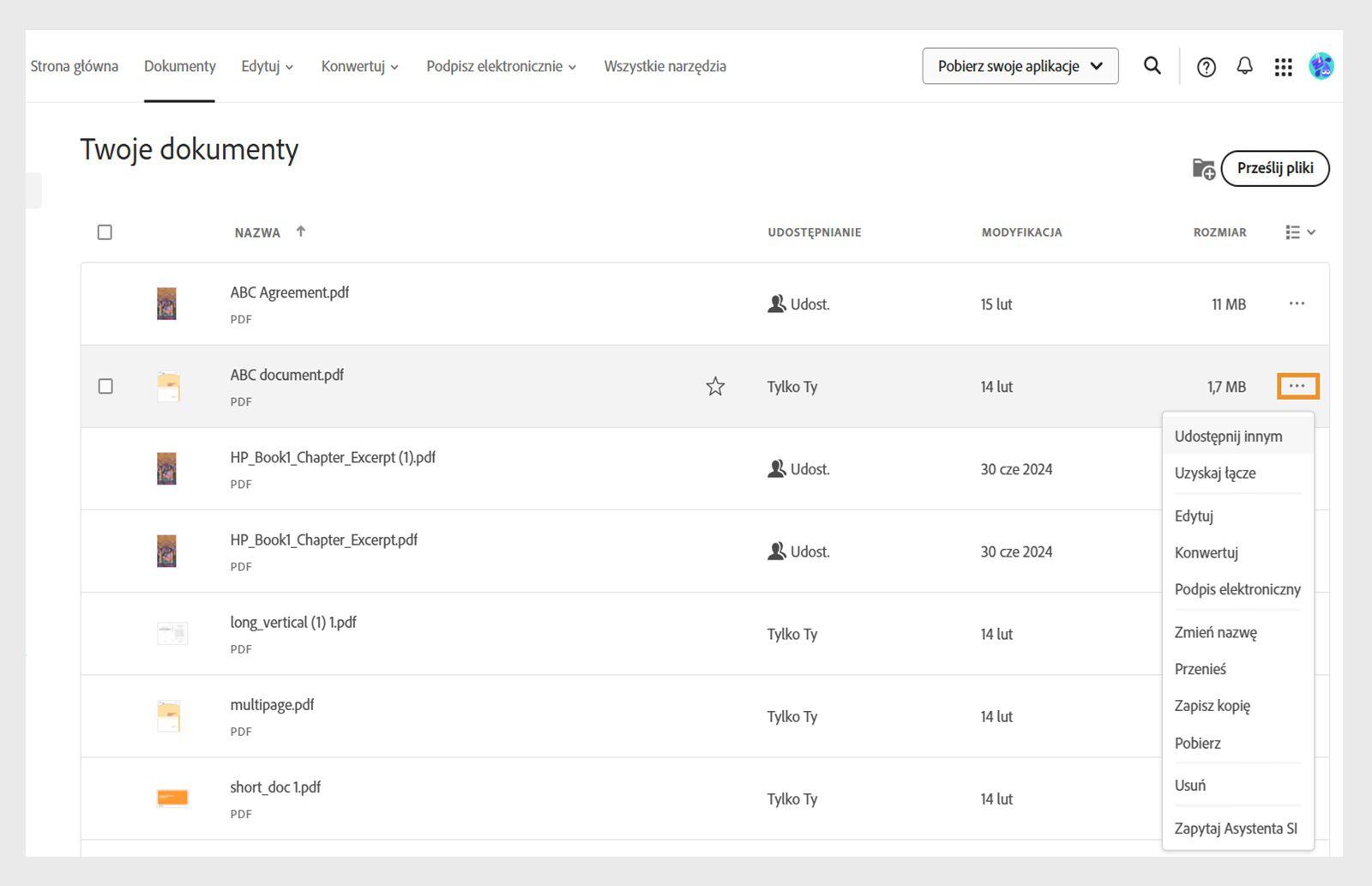 Wybranie menu Więcej dla pliku powoduje wyświetlenie listy narzędzi do zarządzania plikami, takich jak Zmień nazwę, Przenieś, Pobierz i inne.