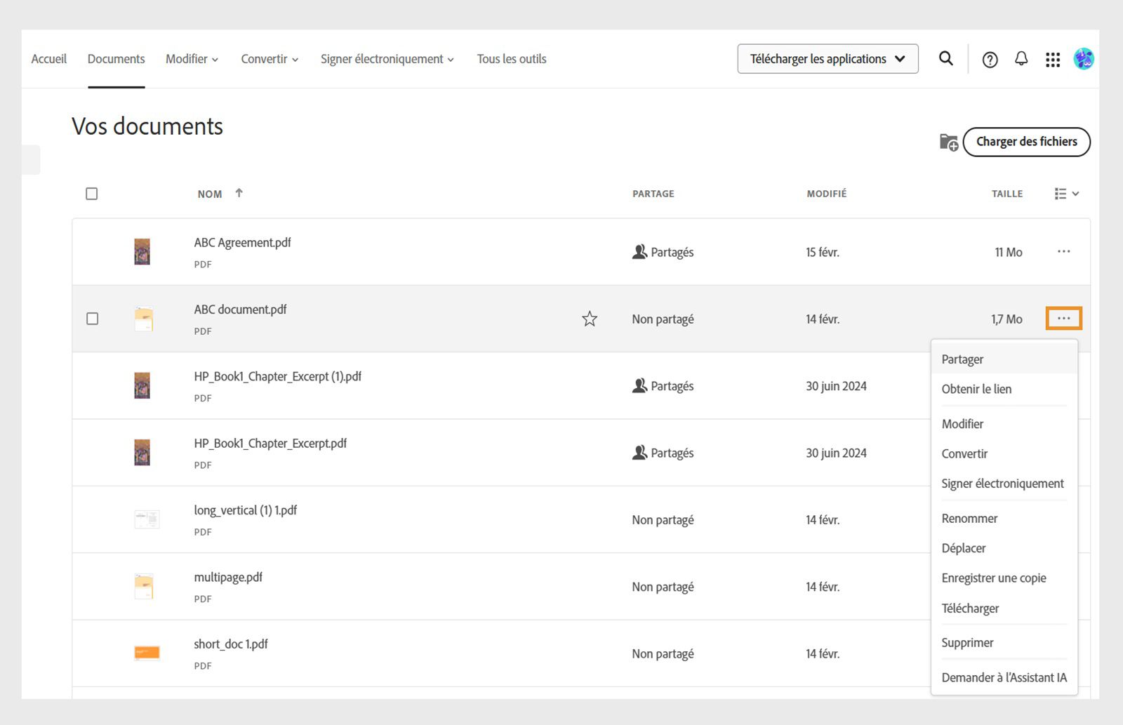 Le menu Plus d’un fichier est sélectionné et présente la liste des outils de gestion de fichiers, tels que Renommer, Déplacer, Télécharger, etc.