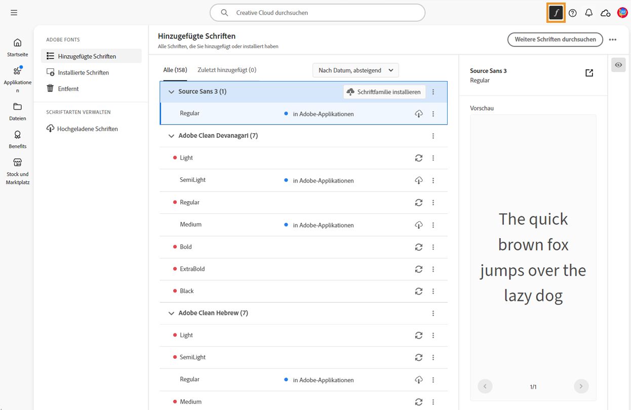 Option „Schriften verwalten“ in der Adobe Creative Cloud Desktop-Anwendung.