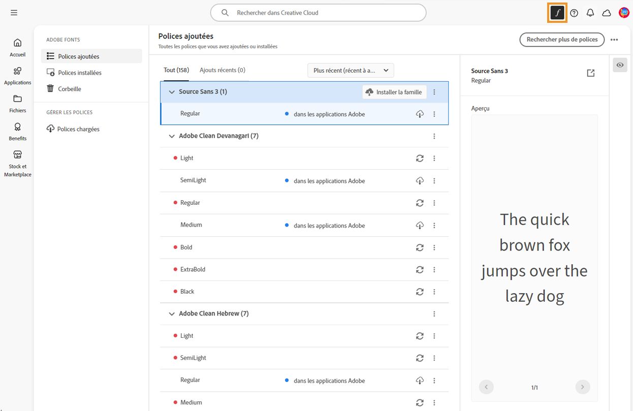 Option de gestion des polices dans l'application de bureau Adobe Creative Cloud.