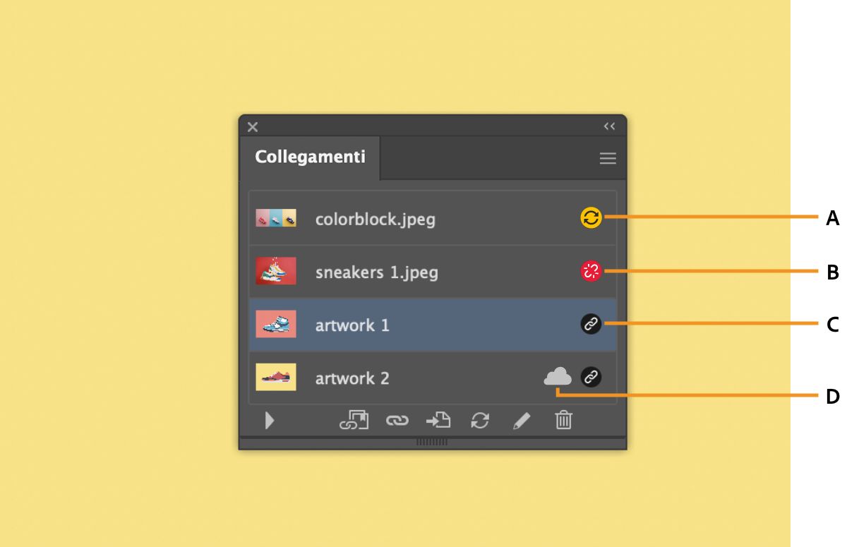 Stato del file nel pannello Collegamenti