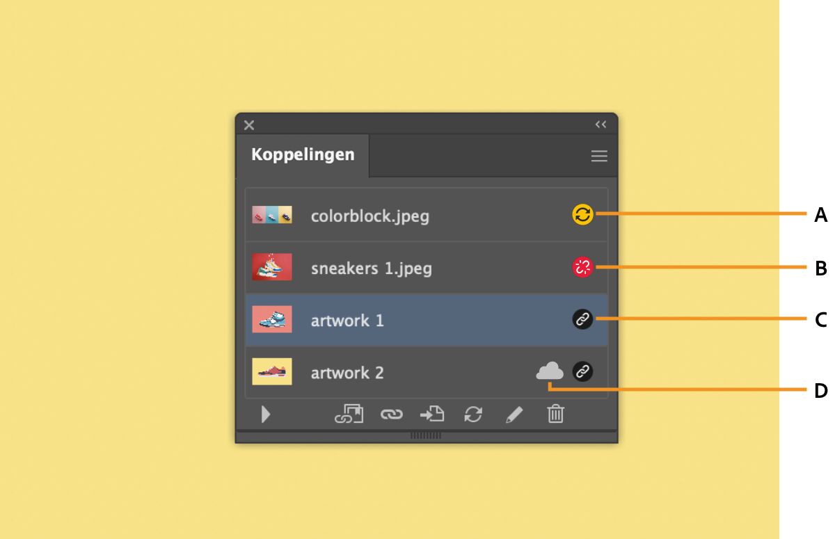 Bestandsstatus in het deelvenster Koppelingen
