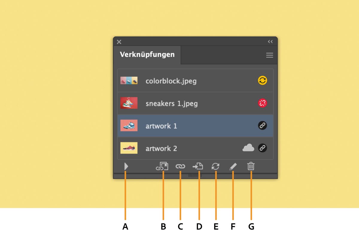 Verschiedene verfügbare Optionen im Verknüpfungenbedienfeld 