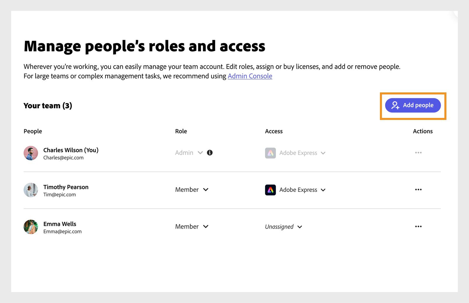 Pildil on ekraan „Manage people“ (Halda inimesi) koos nupuga „Add people“ (Lisa inimesi) ning rollide ja rakenduste muutmise ja meeskonnaliikmete eemaldamise valikutega.