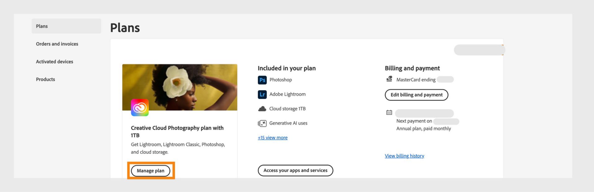 La sección Planes de la página Planes y pago muestra todos los planes activos de su cuenta de Adobe, datos de facturación y pago, y opciones para administrar el plan, ver todas las aplicaciones y servicios del plan y editar el historial de facturación.
