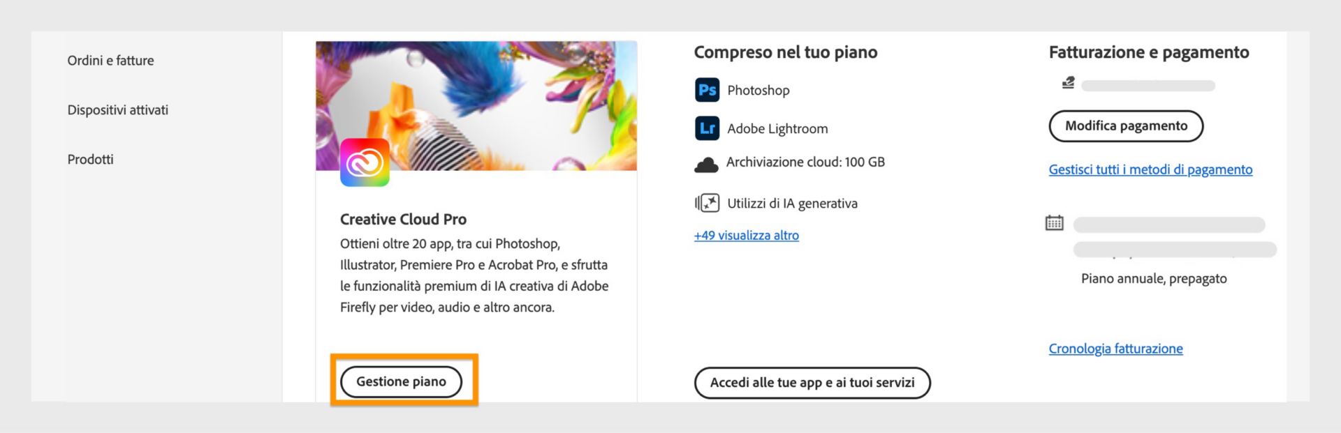 Pagina Piani dell'account Adobe che mostra il pulsante "Gestisci piano" evidenziato, con i dati di fatturazione e pagamento visualizzati sul lato destro.