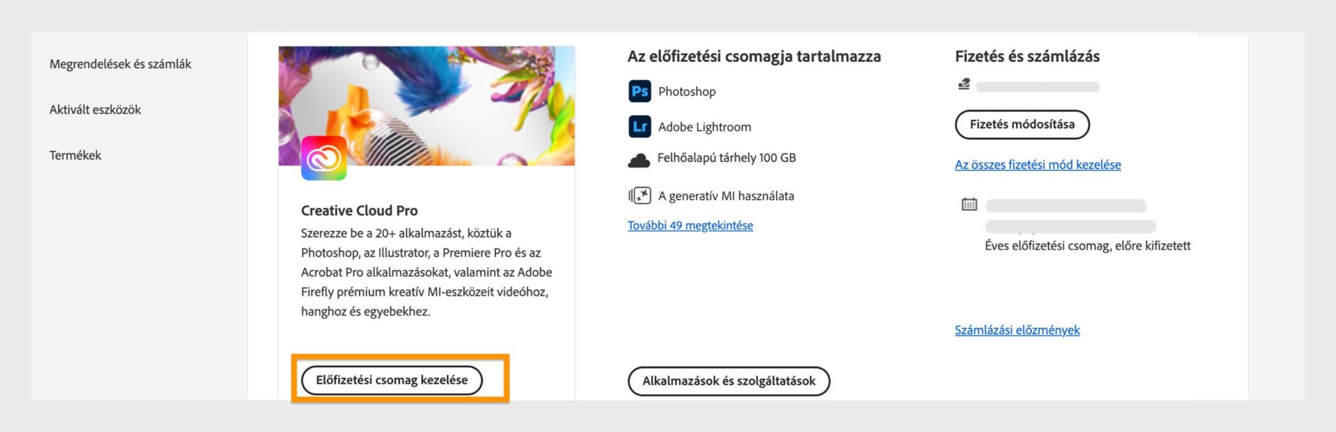 Az Adobe-fiók Csomagok oldalán ki van emelve a „Csomag kezelése” lehetőség, és a jobb oldalon jelennek meg a számlázási és fizetési lehetőségek.