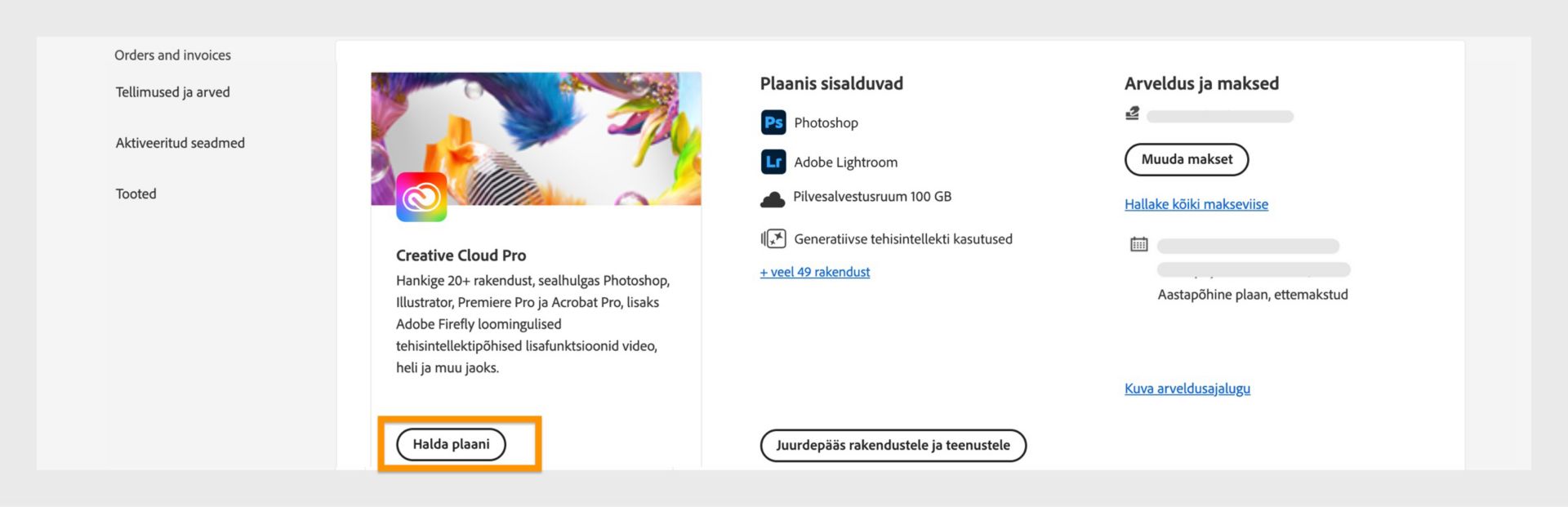 Adobe konto plaanide leht, kus on esile tõstetud nupp „Halda plaani“ ja paremal pool kuvatakse arveldus- ja makseandmed.