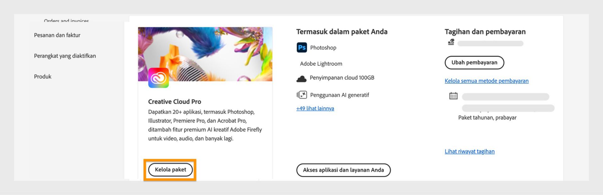 Halaman Paket Akun Adobe yang menampilkan tombol "Kelola paket" yang disorot, dengan detail penagihan dan pembayaran ditampilkan di sisi kanan.
