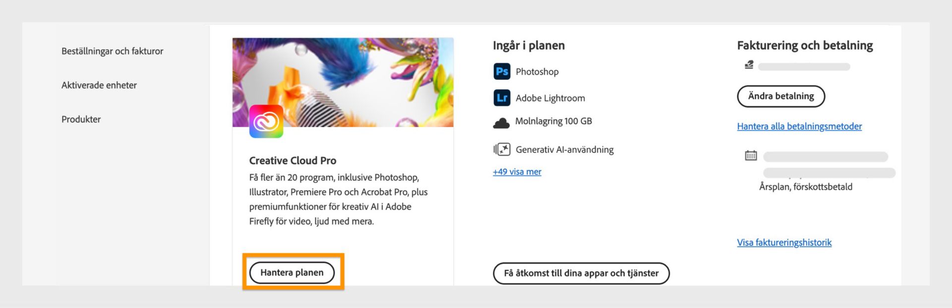 Sida med Adobe-kontoplaner som visar knappen ”Hantera plan” markerad, med fakturering och betalningsuppgifter på höger sida.