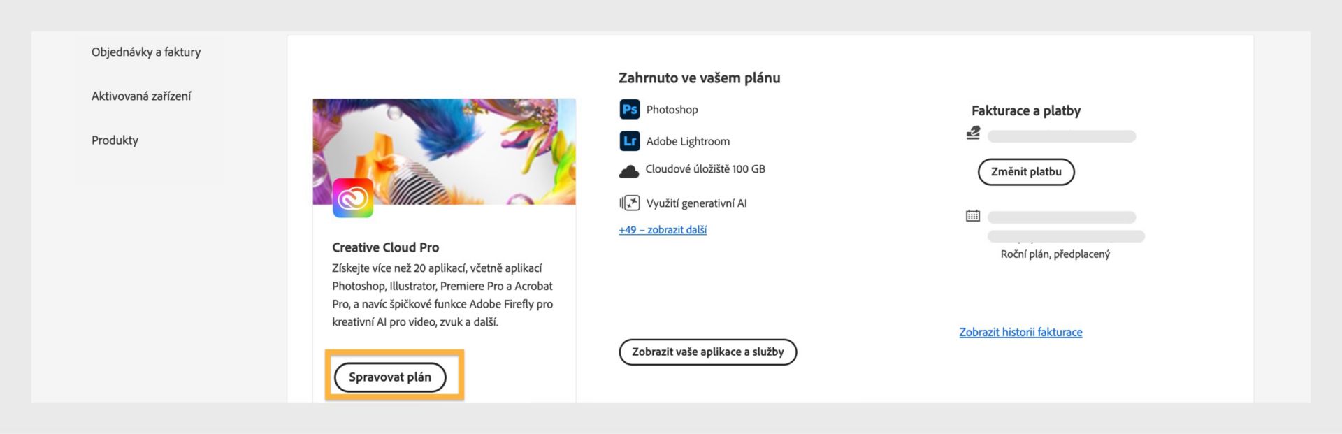 Na stránce plánů účtu Adobe je zvýrazněno tlačítko Spravovat plán, na pravé straně jsou zobrazeny fakturační a platební údaje.