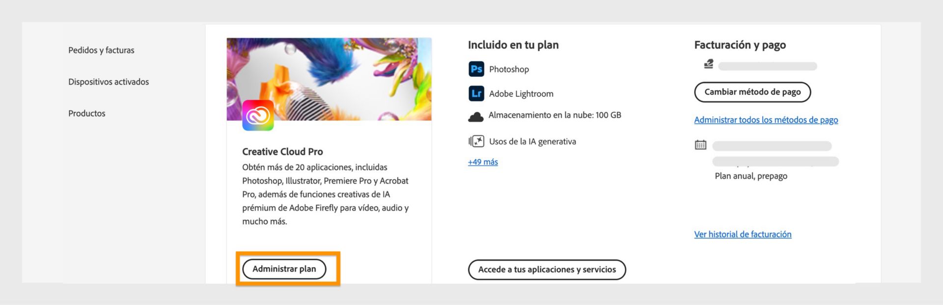 Página de planes de cuenta de Adobe que muestra el botón "Administrar plan" resaltado, con los datos de facturación y pago mostrados en el lado derecho.