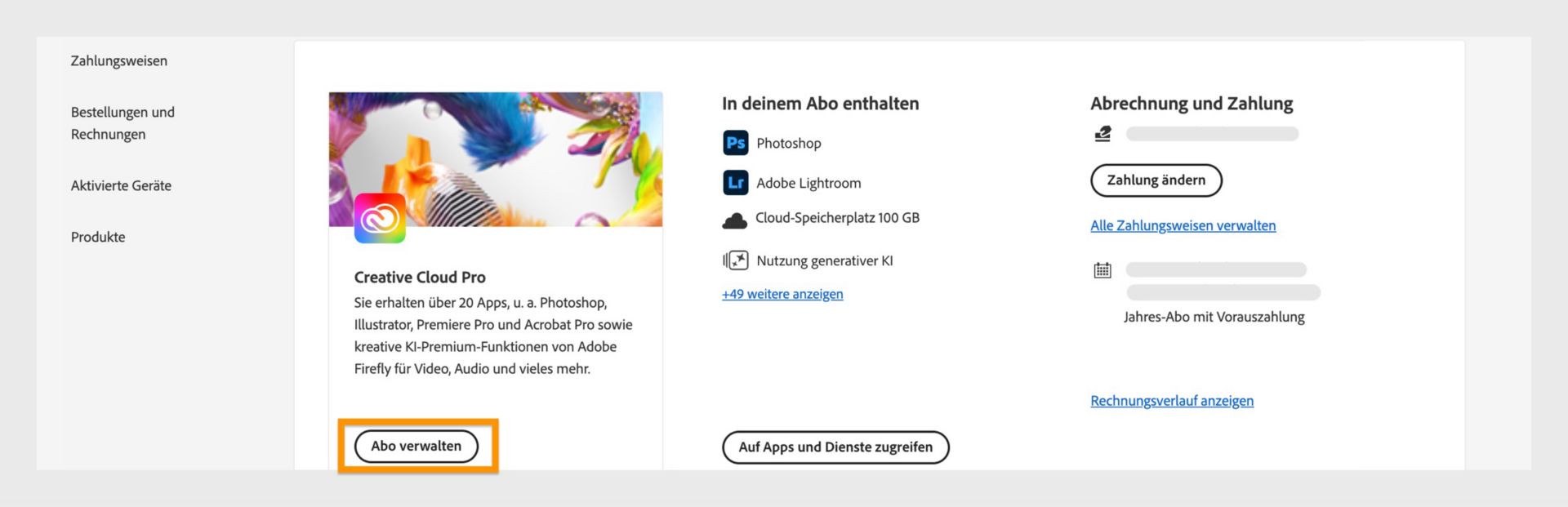 Seite „Abos für Adobe-Konto“, auf der die Schaltfläche „Abo verwalten“ hervorgehoben und der Abschnitt „Abrechnung und Zahlung“ auf der rechten Seite angezeigt werden.