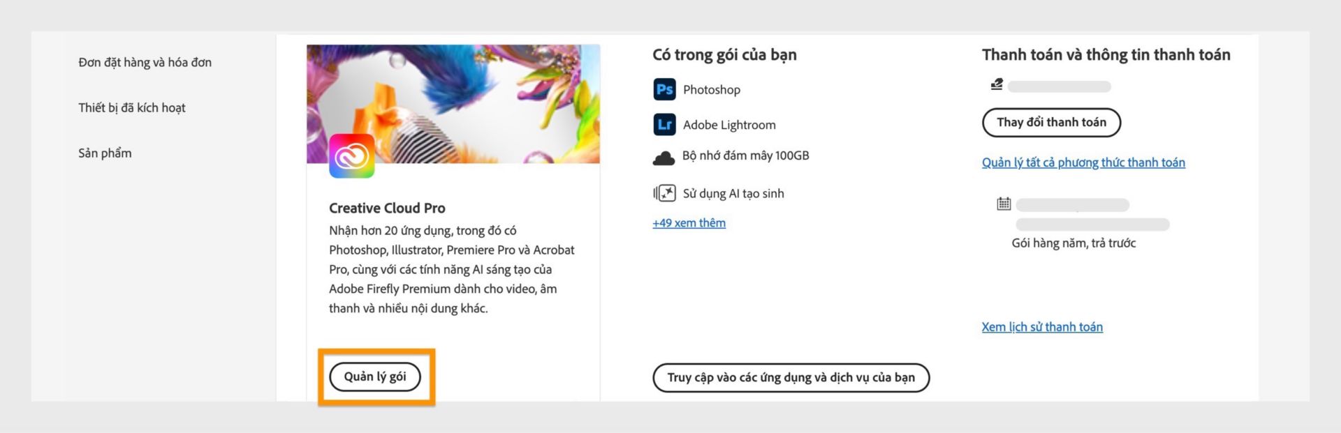 Trang Gói tài khoản Adobe hiển thị nút “Quản lý gói” được làm nổi bật, với thông tin thanh toán được hiển thị ở phía bên phải.