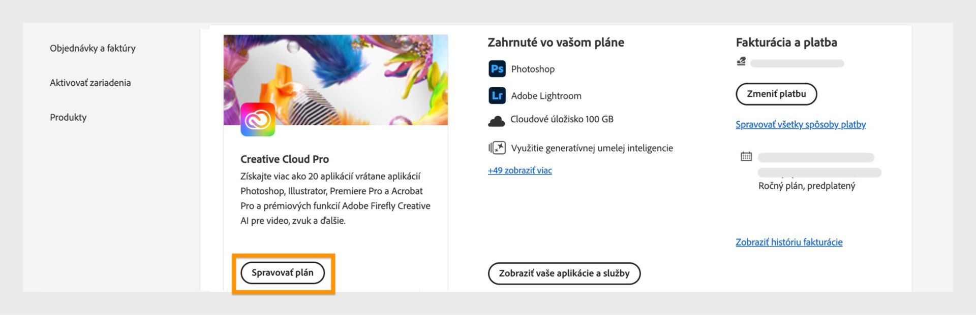Stránka Plány konta Adobe zobrazujúca zvýraznené tlačidlo „Spravovať plán“ so zobrazenými podrobnosťami o fakturácii a platbe na pravej strane.
