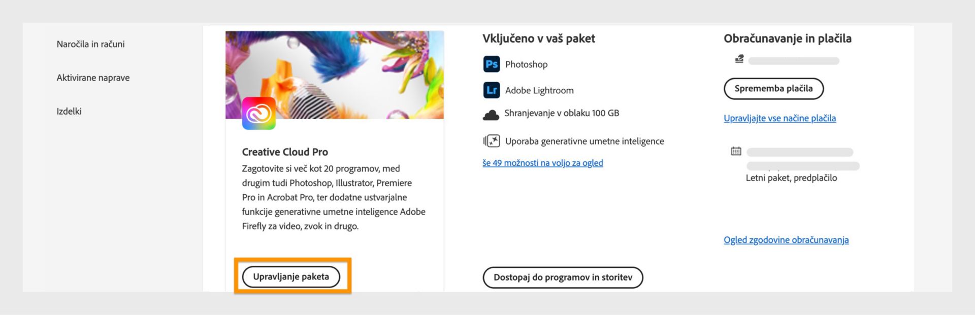Stran s paketi računa Adobe z označenim gumbom »Upravljanje paketa« ter podatki za obračunavanje in plačilo na desni strani.