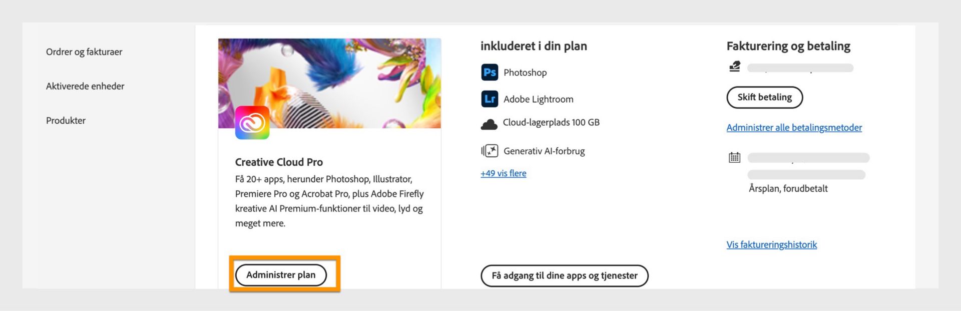 Siden med Adobe-kontoplaner, der viser knappen "Administrer plan" fremhævet, med fakturerings- og betalingsoplysninger vist i højre side.
