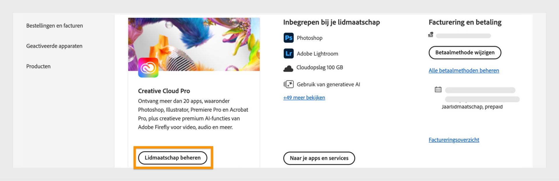 De pagina Adobe-accountlidmaatschappen met de knop "Lidmaatschap beheren" gemarkeerd, met de factuur- en betalingsgegevens aan de rechterkant.