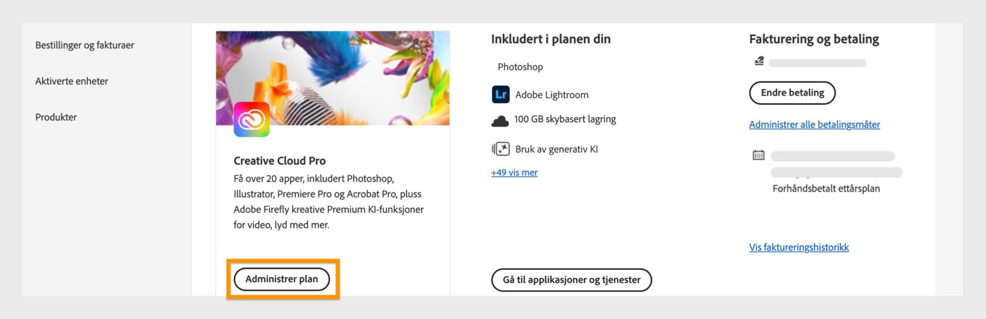 Siden Planer for Adobe-kontoer viser knappen «Administrer Plan» fremhevet, med fakturerings- og betalingsinformasjon vist på høyre side.