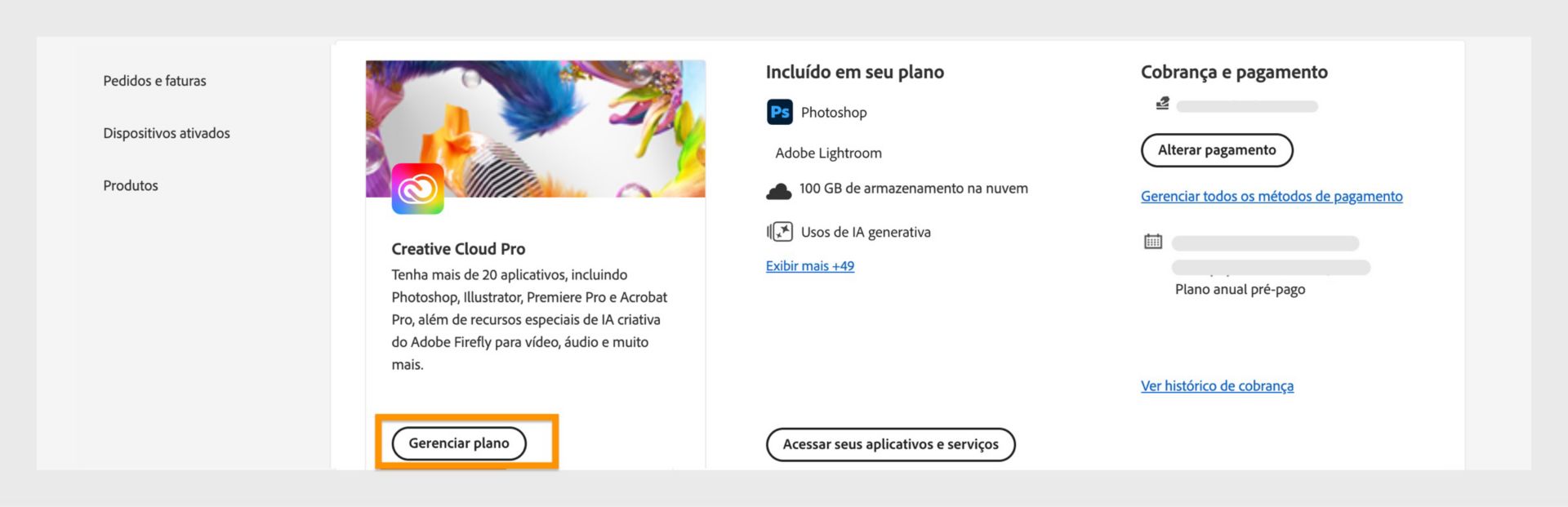 Página de Planos da Conta Adobe mostrando o botão "Gerenciar plano" destacado, com detalhes do faturamento e pagamento exibidos no lado direito.