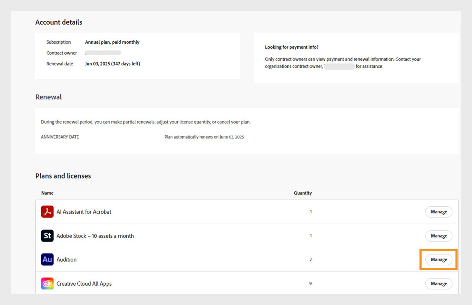 La pestaña Cuentas mostrando la sección de planes y licencias con la opción de administración seleccionada para Adobe Audition.