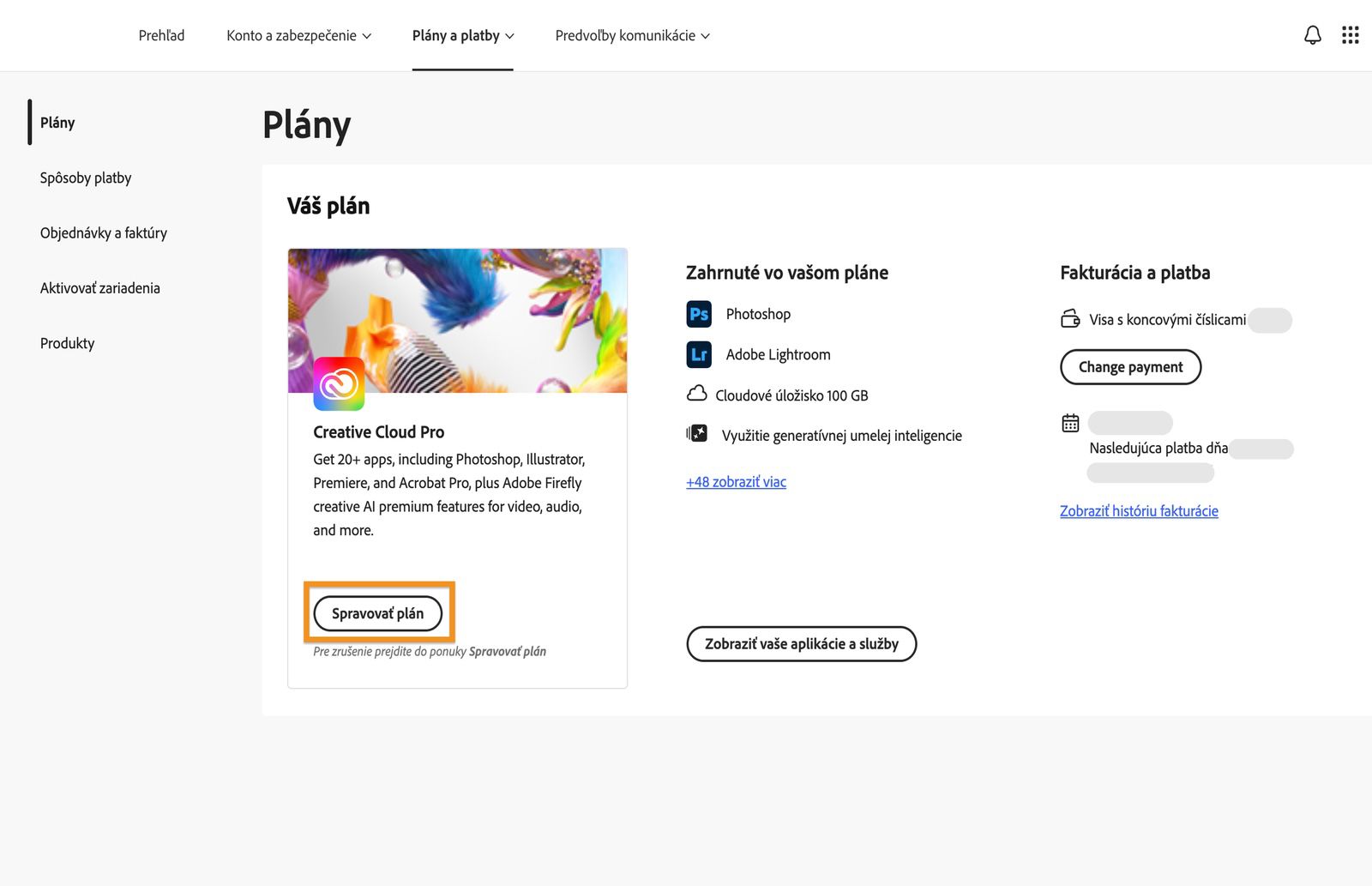 Okno Plány, kde je pod aktuálne aktívnym plánom zvýraznené tlačidlo Spravovať plán.