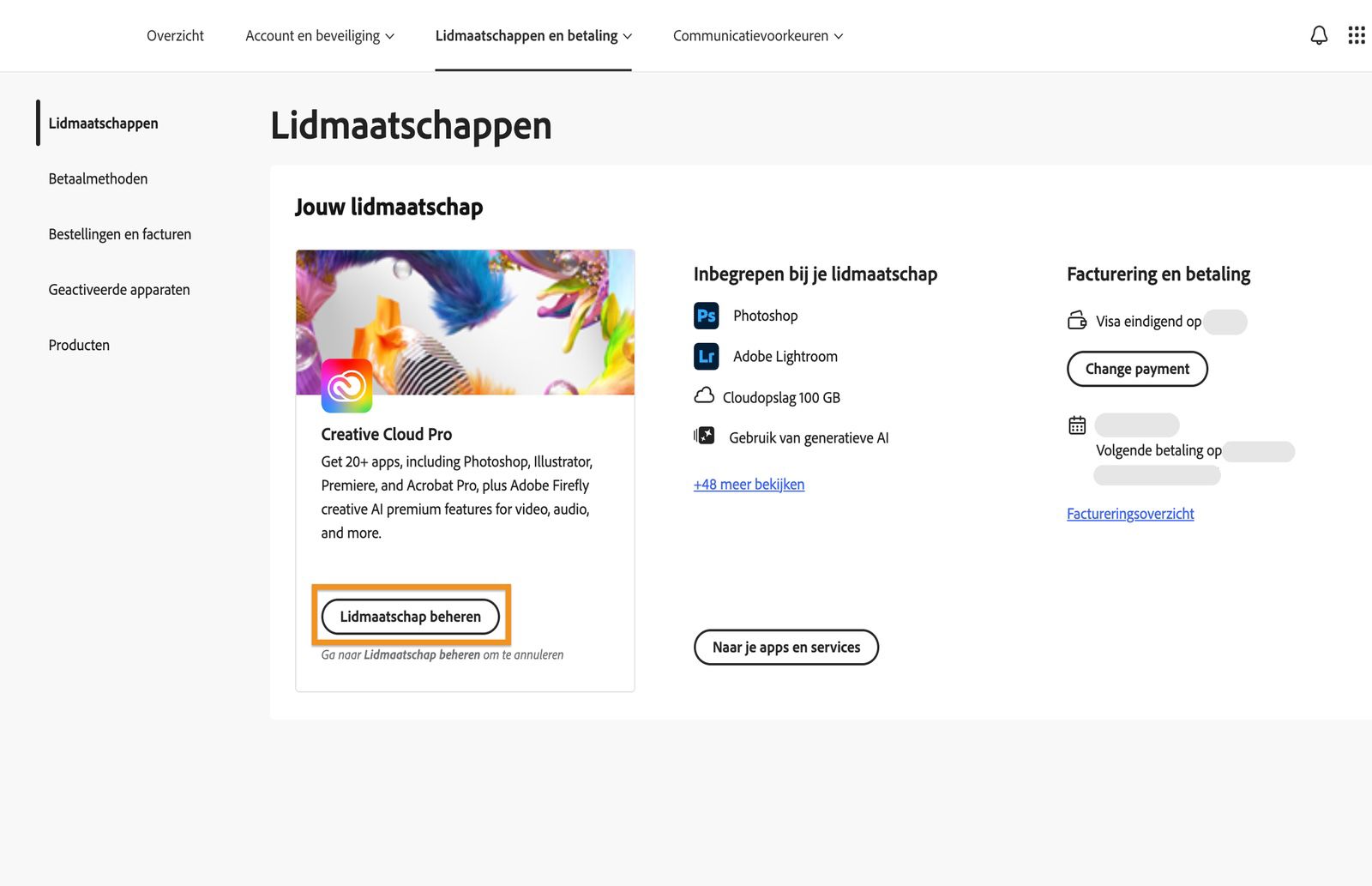 Het venster Lidmaatschappen, waarin de knop Lidmaatschap beheren is gemarkeerd onder het momenteel actieve lidmaatschap.