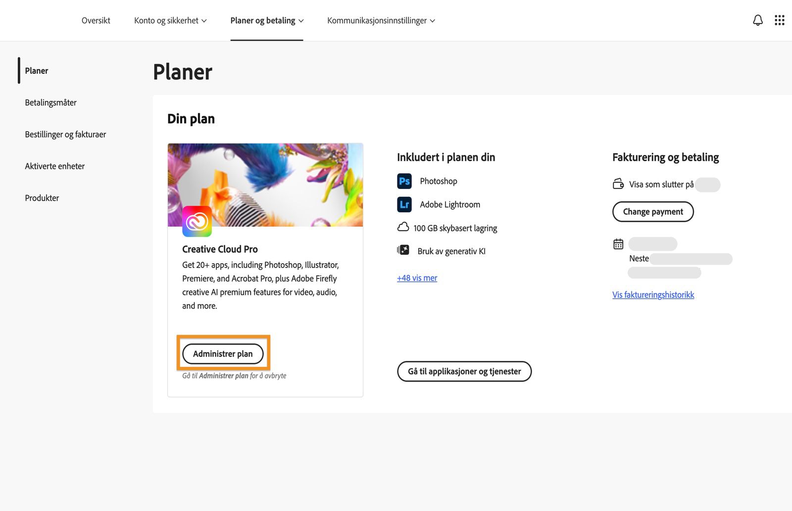 Planer-vinduet, der Administrer plan-knappen er fremhevet under den nåværende aktive planen.
