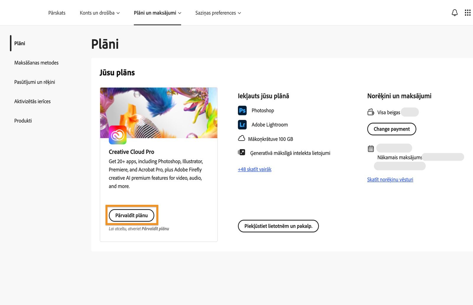 Plānu logs, kurā zem pašlaik aktīvā plāna ir izcelta poga Pārvaldīt plānu.