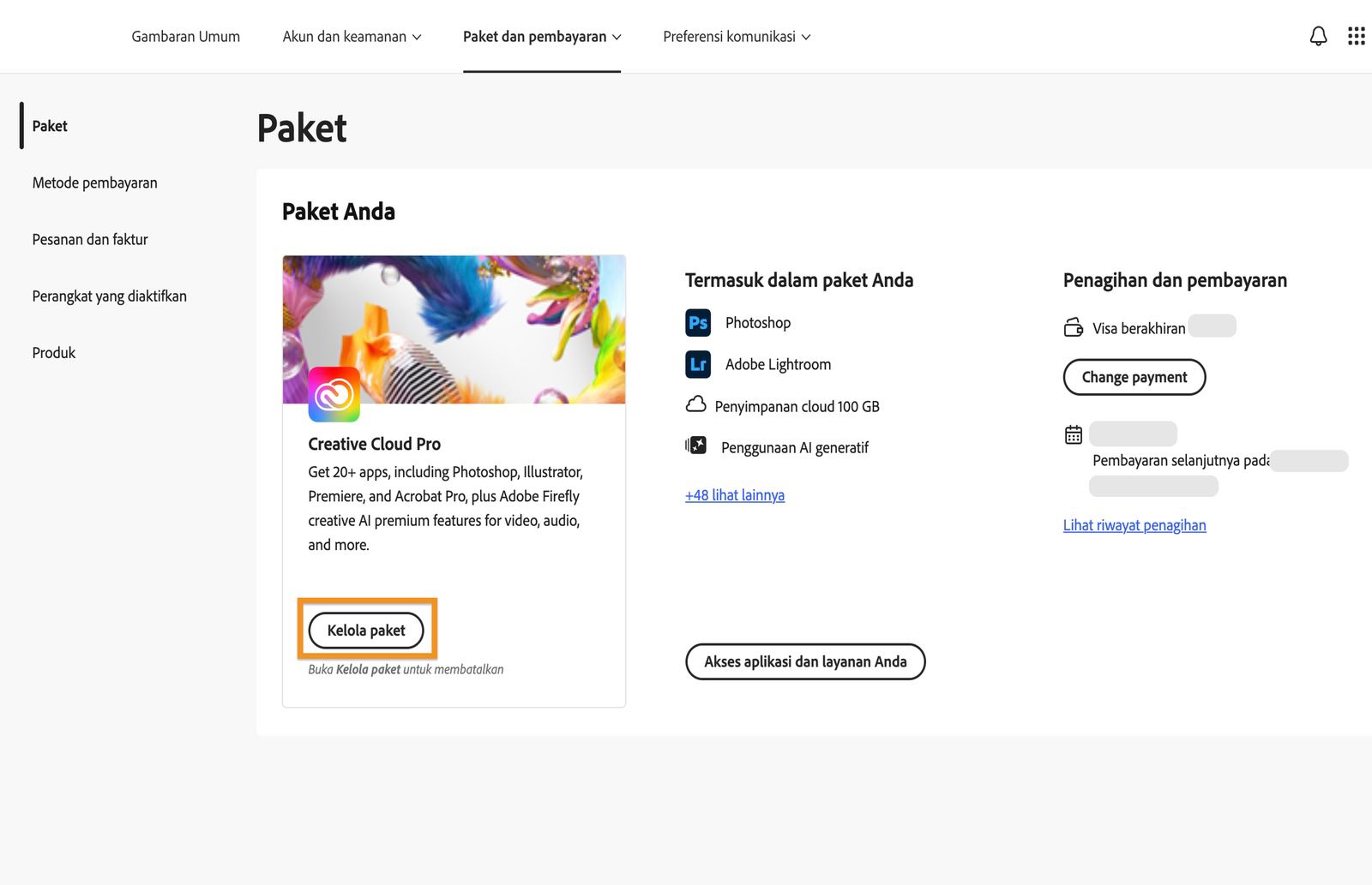 Jendela Paket, tempat tombol Kelola paket disorot di bawah paket yang sedang aktif.