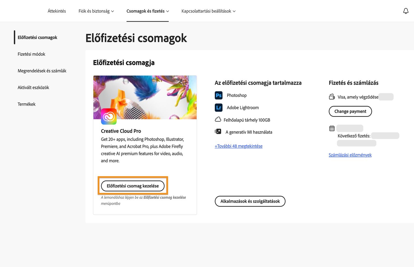 A Csomagok ablak, ahol a Csomag kezelése gomb ki van emelve a jelenleg aktív csomag alatt.