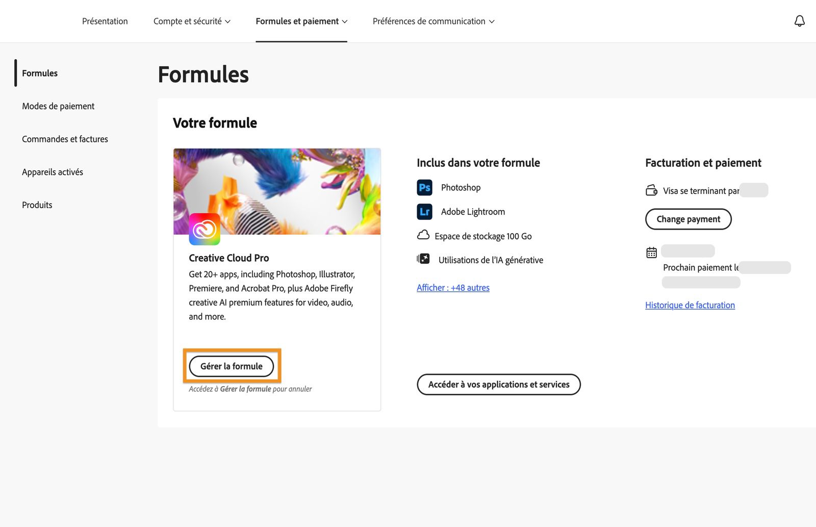 La fenêtre Formules, où le bouton Gérer la formule est mis en surbrillance sous la formule principale actuelle.
