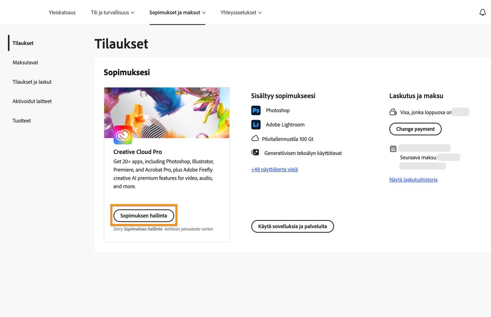 Sopimusikkunassa näkyy korostettu Sopimuksen hallinta -painike aktiivisen sopimuksen alla.