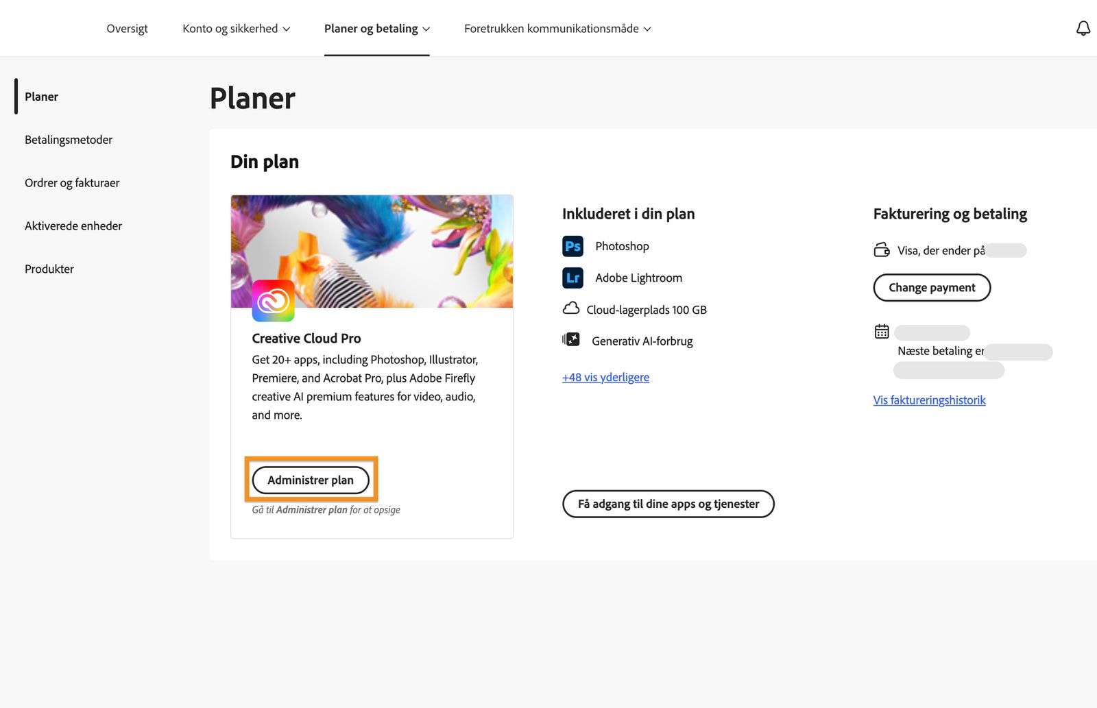 Vinduet Planer, hvor knappen Administrer plan er fremhævet under den aktuelt aktive plan.