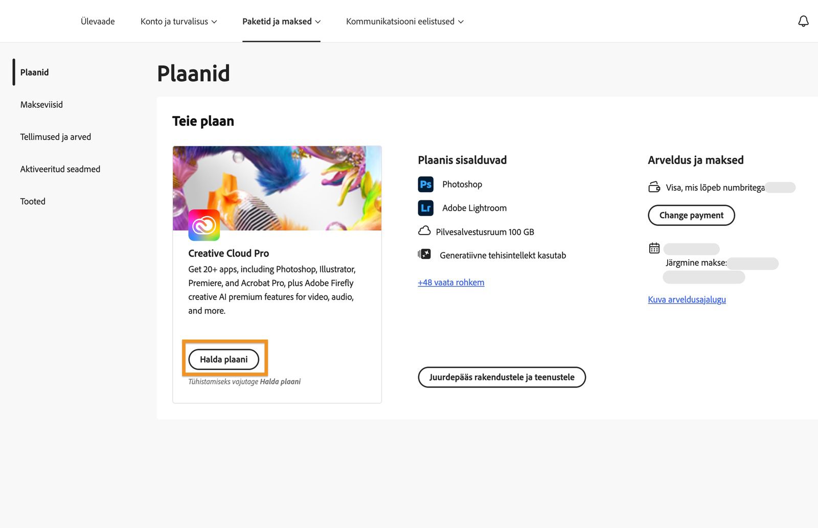 Plaanide aken, kus praegu aktiivse plaani all on esile tõstetud nupp Halda plaani.