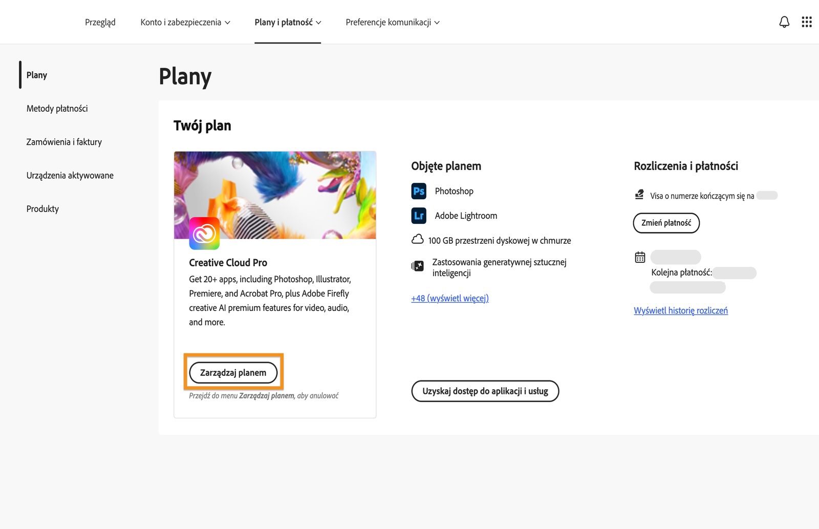 Przycisk Zarządzaj planem, który jest dostępny dla aktywnego planu w sekcji Plany, umożliwia zmianę planu Adobe.