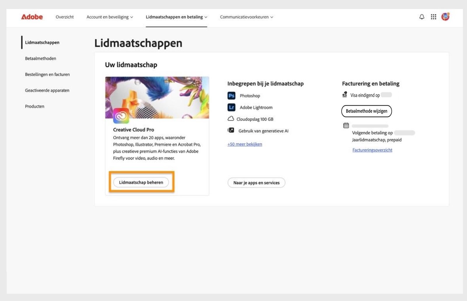 Met de knop Lidmaatschap beheren, die beschikbaar is voor een actief lidmaatschap in het gedeelte Lidmaatschappen, kun je je Adobe-lidmaatschap wijzigen.
