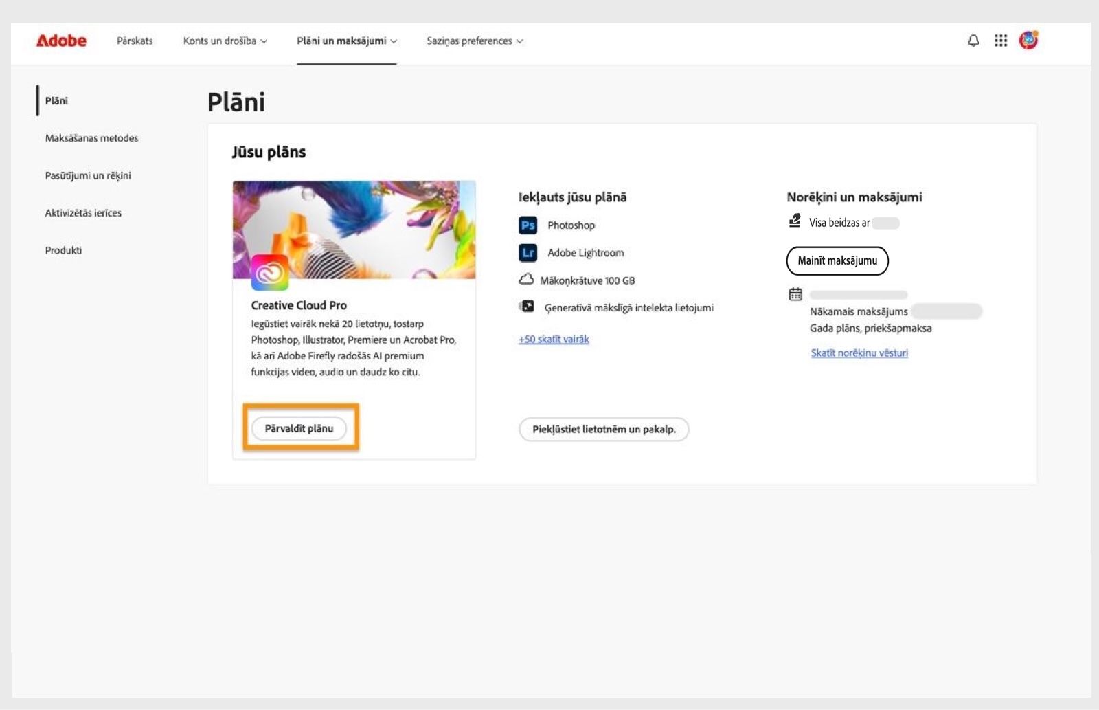 Poga Pārvaldīt plānu, kas ir pieejama aktīvam plānam sadaļā Plāni, ļauj mainīt Adobe plānu.