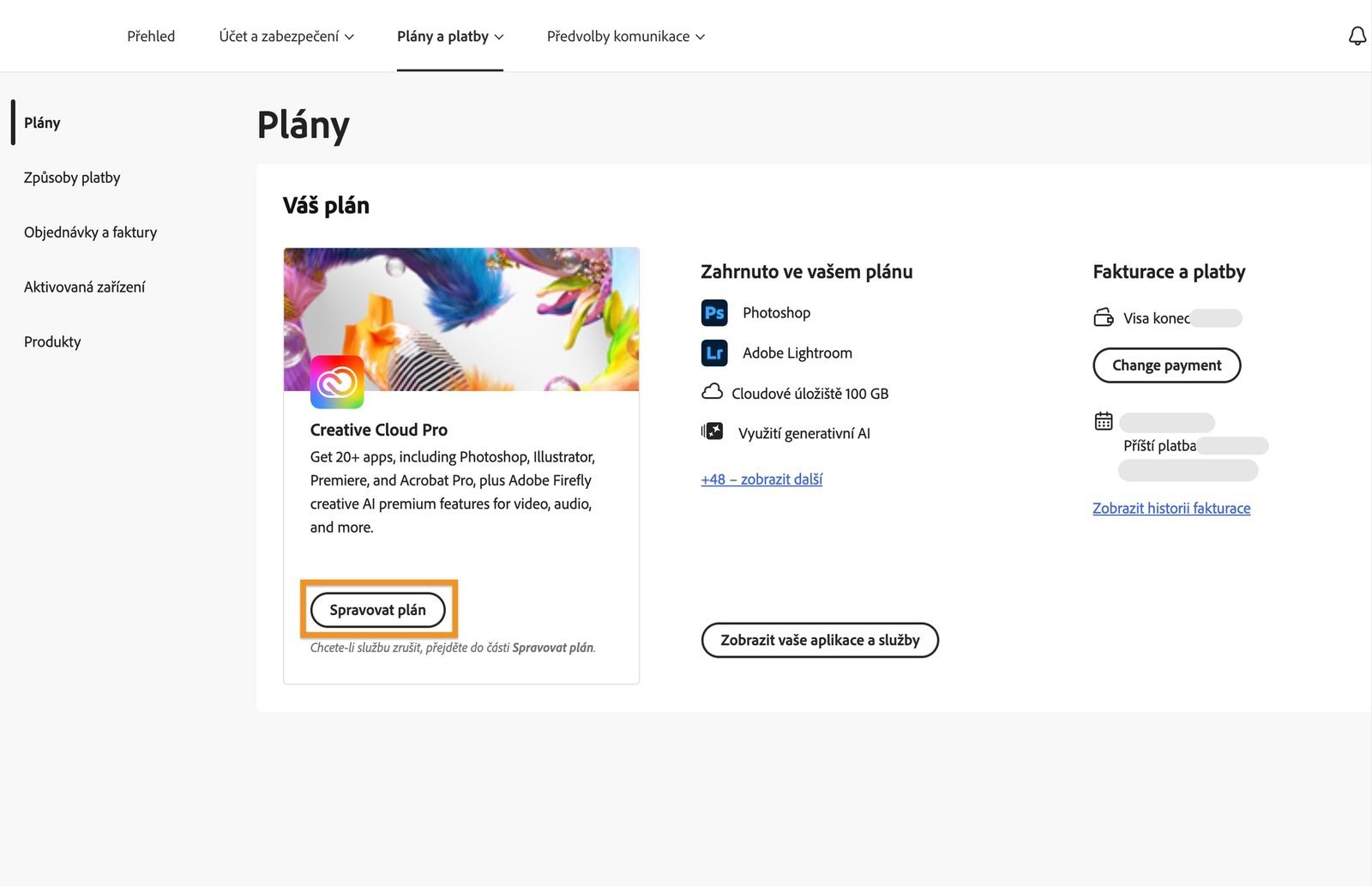 Okno Plány, kde je zvýrazněno tlačítko Spravovat plán pod aktuálně primárním plánem.