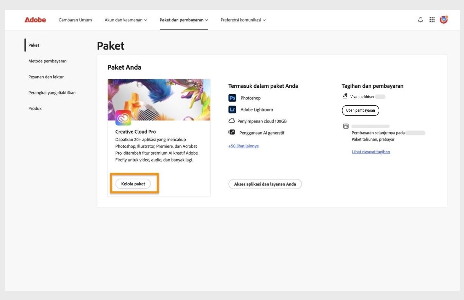 Tombol Kelola paket, tersedia untuk paket aktif di bawah bagian Paket, memungkinkan Anda mengubah paket Adobe Anda.