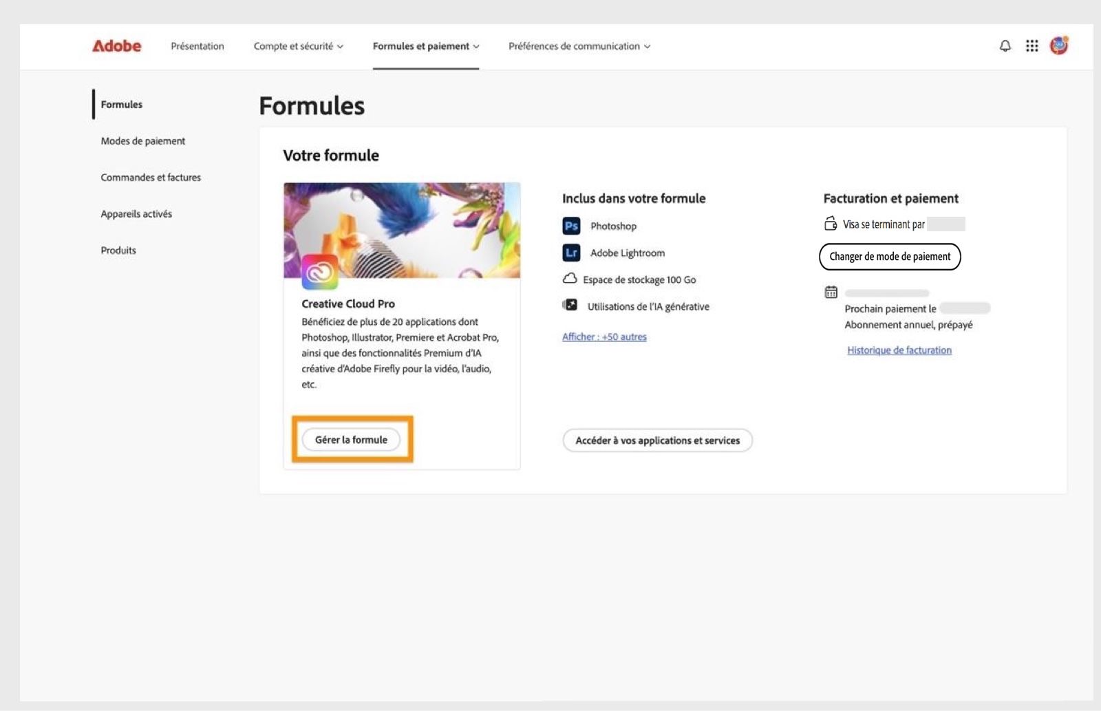 Le bouton Gérer la formule, disponible pour une formule active dans la section Formules, vous permet de modifier votre formule Adobe.