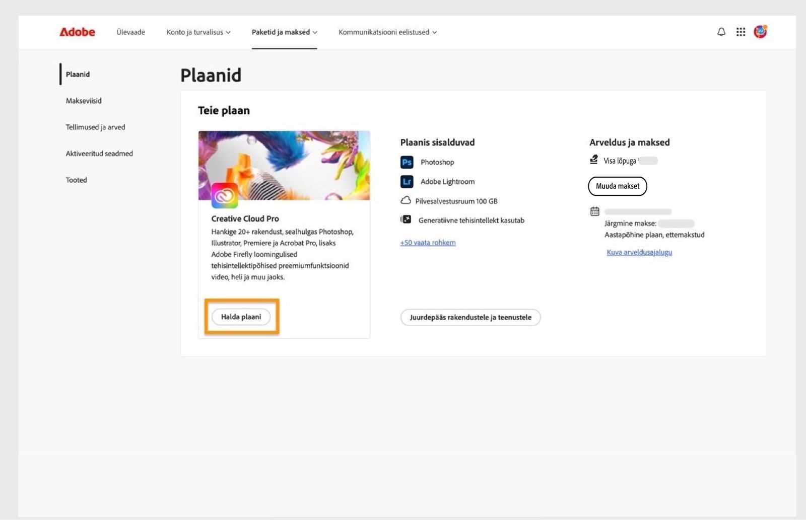 Nupp Halda plaani, mis on aktiivse plaani korral saadaval jaotises Plaanid, lubab teil oma Adobe plaani tühistada.