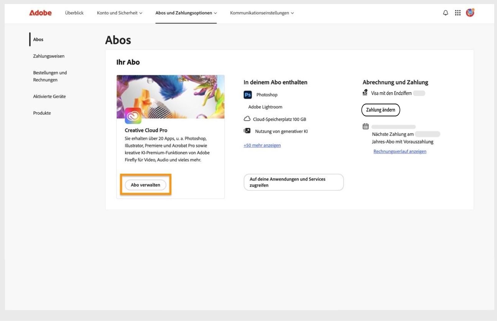 Die Schaltfläche „Abo verwalten“, die bei aktiven Abos im Abschnitt „Abos“ verfügbar ist, bietet die Möglichkeit, dein Adobe-Abo zu wechseln.