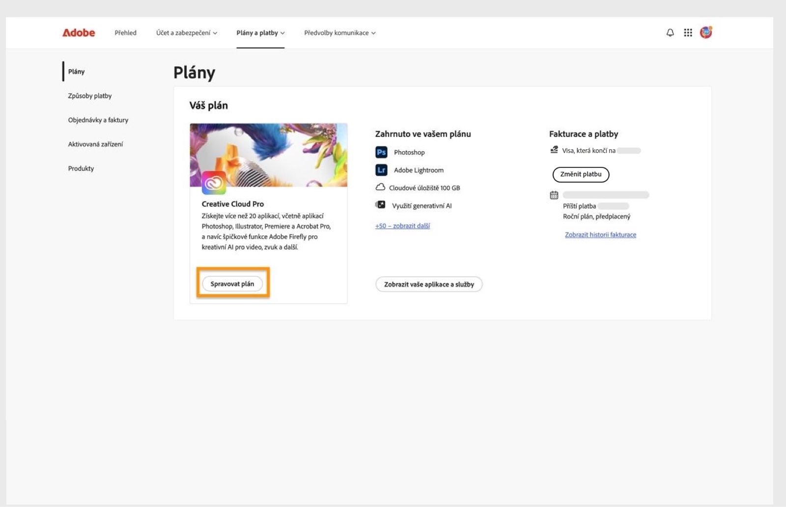 Tlačítko Správa plánu, které je k dispozici pro aktivní plán v části Plány, poskytuje možnost změnit plán Adobe.