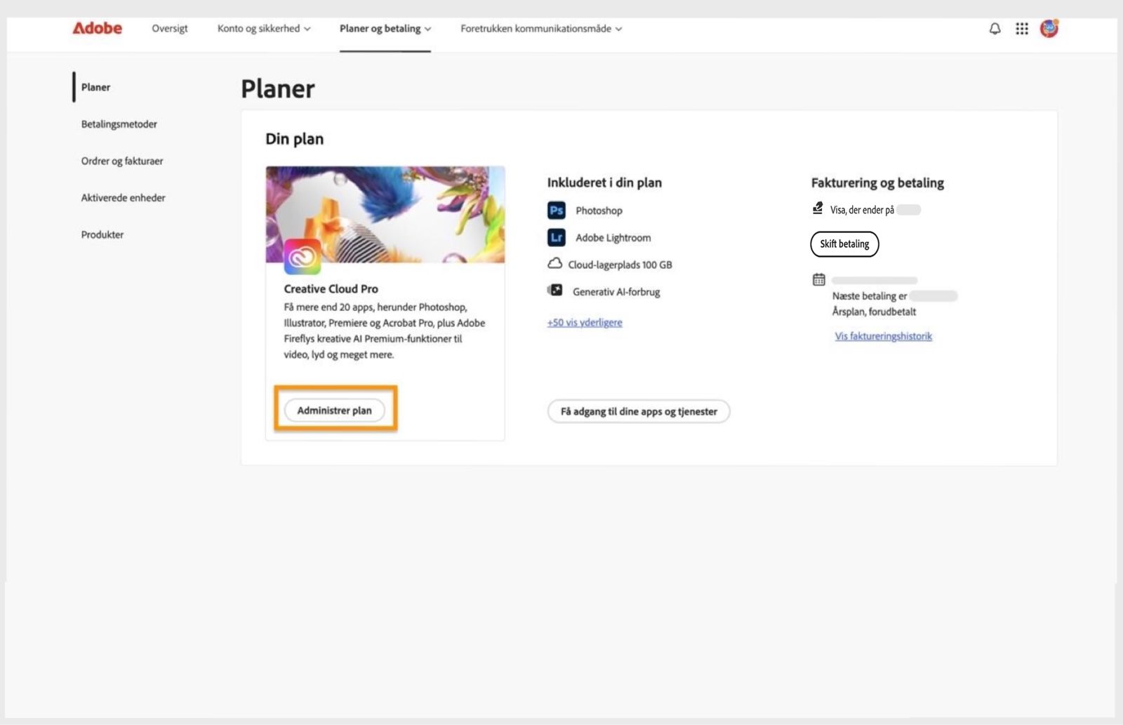 Knappen Administrer plan, der er tilgængelig for en aktiv plan i sektionen Planer, giver mulighed for at opsige din Adobe-plan.