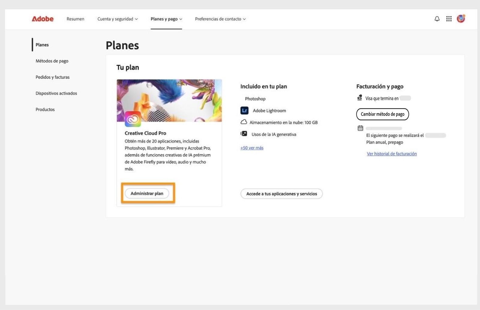 El botón Administrar plan, disponible para un plan activo en la sección Planes, le permite cambiar su plan de Adobe.