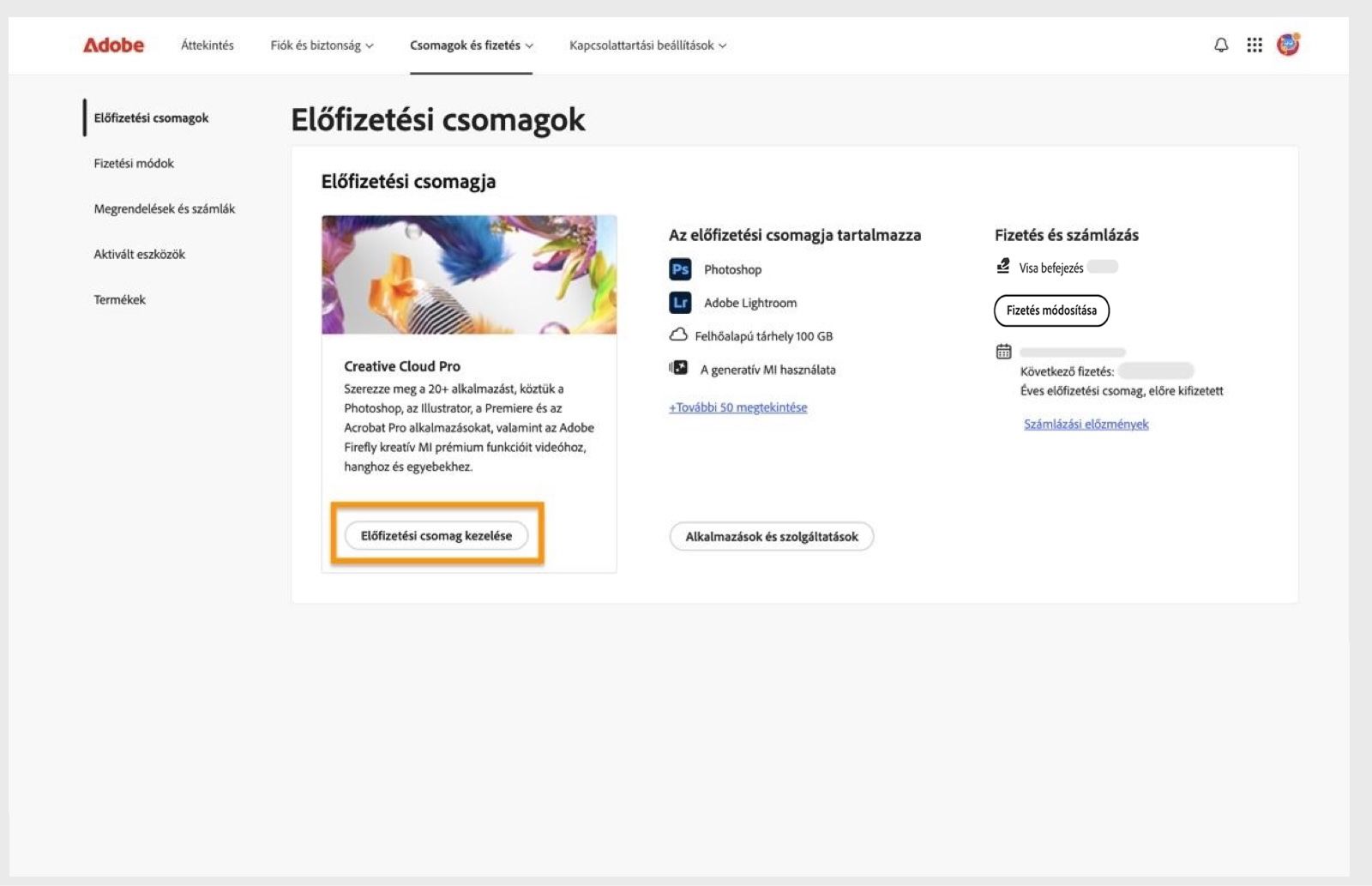 A Csomagok rész alatti Csomag kezelése gomb, amely aktív csomag esetén érhető el, lehetővé teszi az Adobe-csomag módosítását.