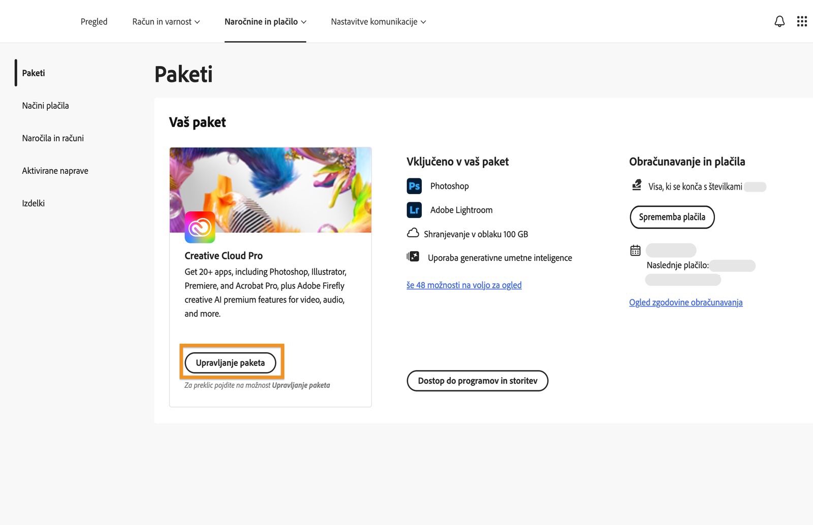 Gumb za upravljanje paketa, ki je na voljo za aktivni paket v razdelku Paketi, omogoča spremembo Adobejevega paketa.
