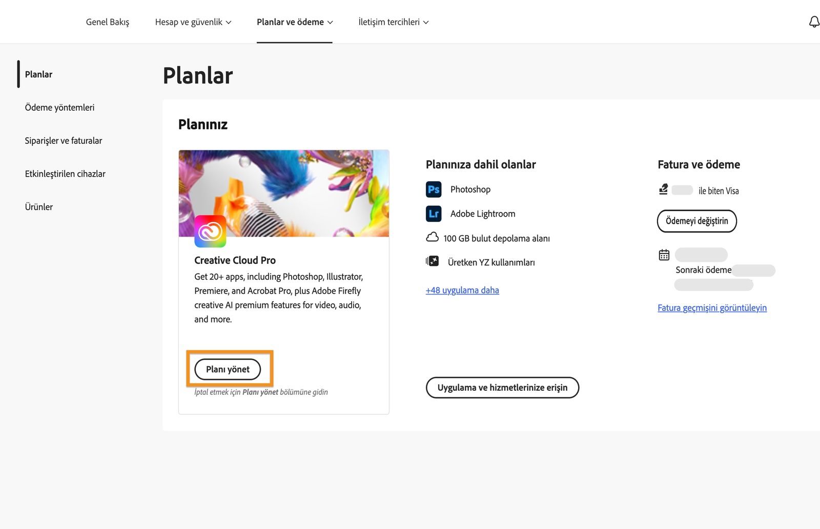 Planlar bölümünde etkin bir plan için kullanılabilen Planı yönet düğmesi, Adobe aboneliğinizi değiştirmenize olanak sağlar.