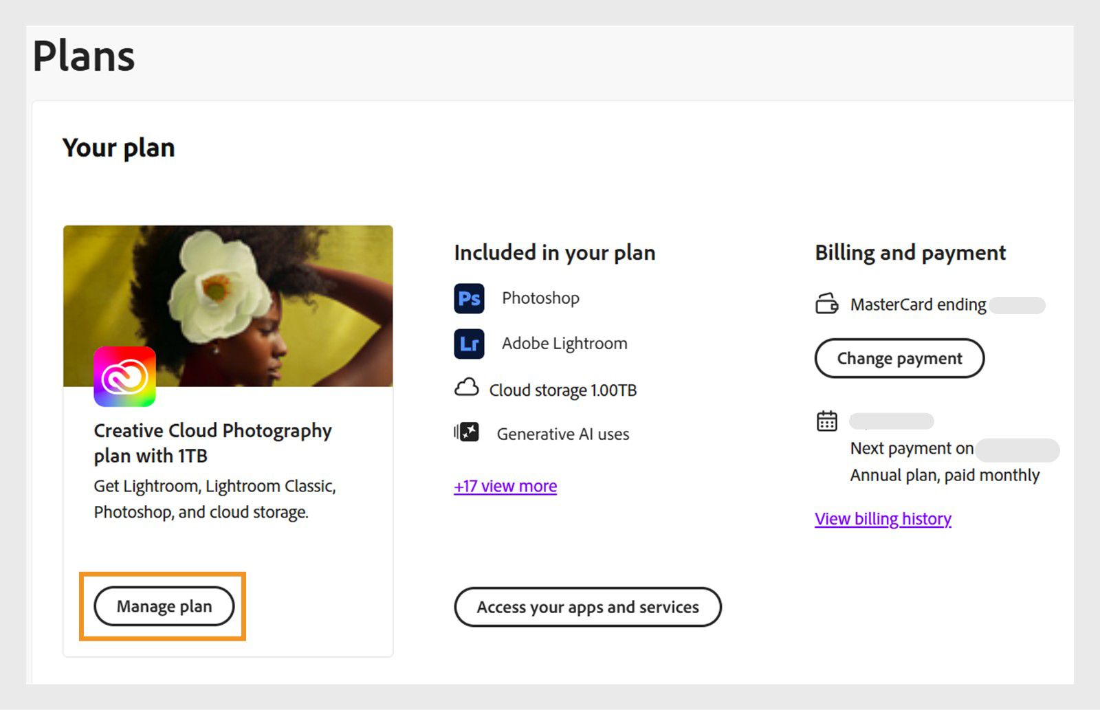 The Plans window, where the Manage plan button is highlighted under the currently active plan.